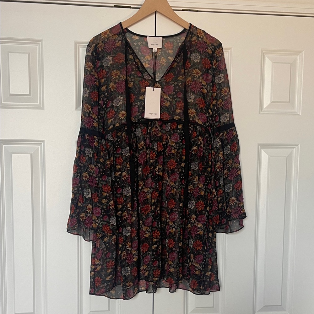 Cinq a Sept Floral Sheer Dress with Bell Sleeves